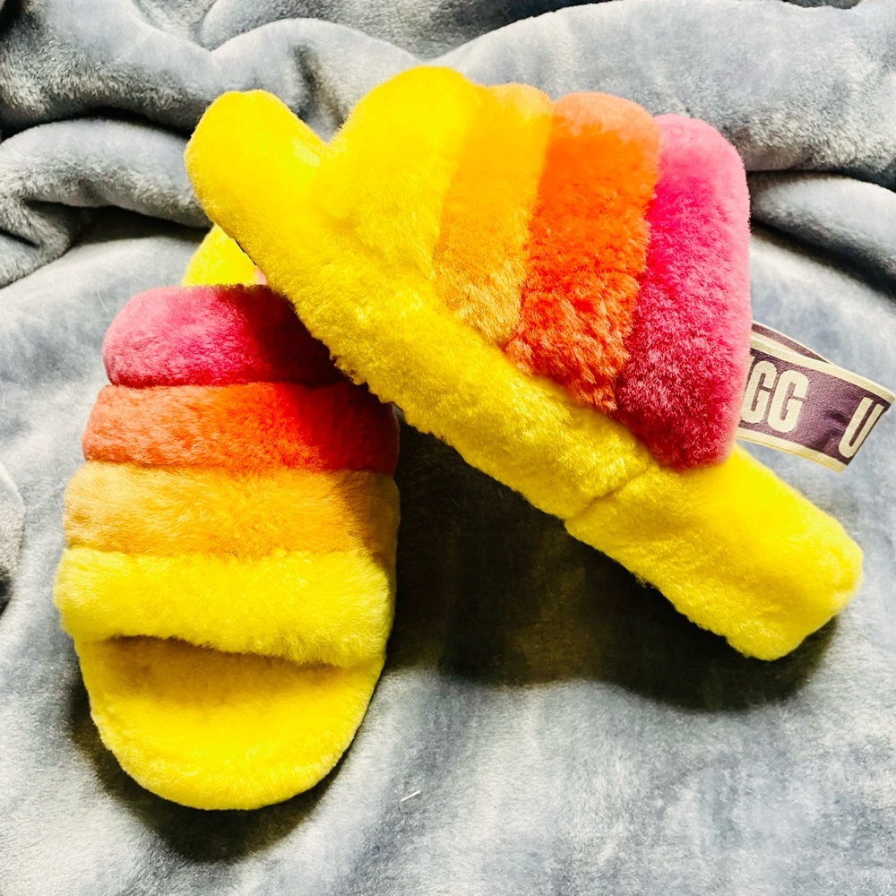 UGG Sandals Womens Size 6 Yellow Pink Fuzzy Slides Shearling Sheep Fur 1097169